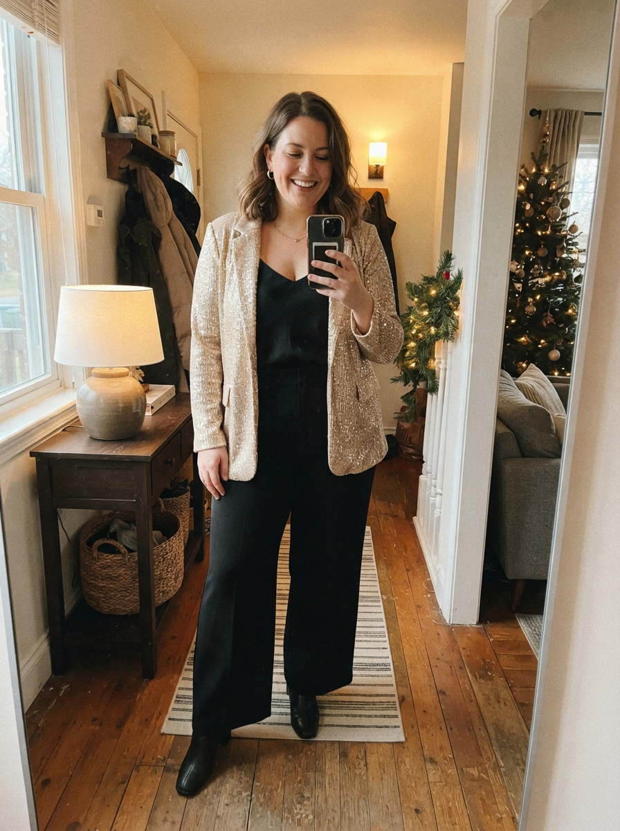 Sequin Blazer with Black Trousers plus size holiday party outfit