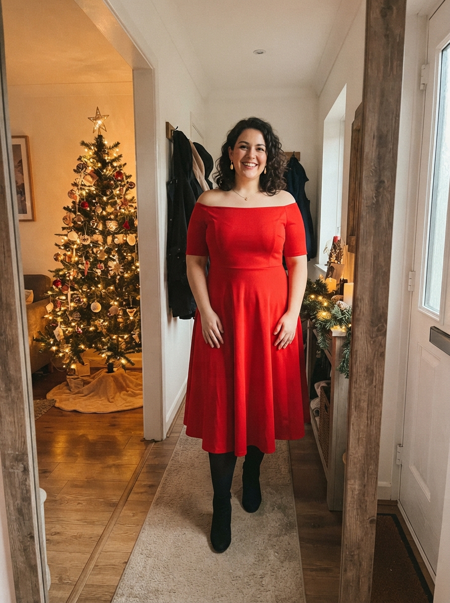 Red Off-Shoulder A-Line Dress plus size holiday party outfit