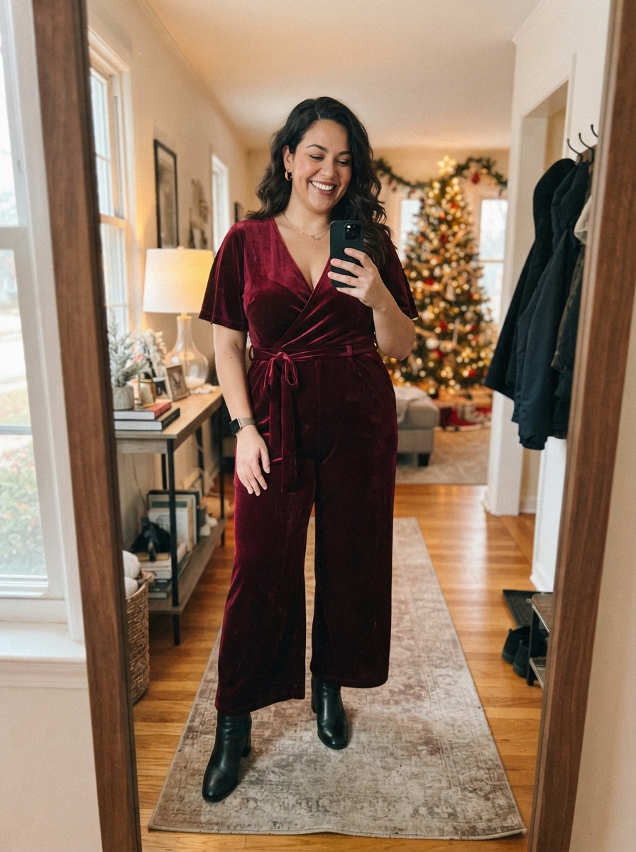 Burgundy Velvet Jumpsuit plus size holiday party outfit