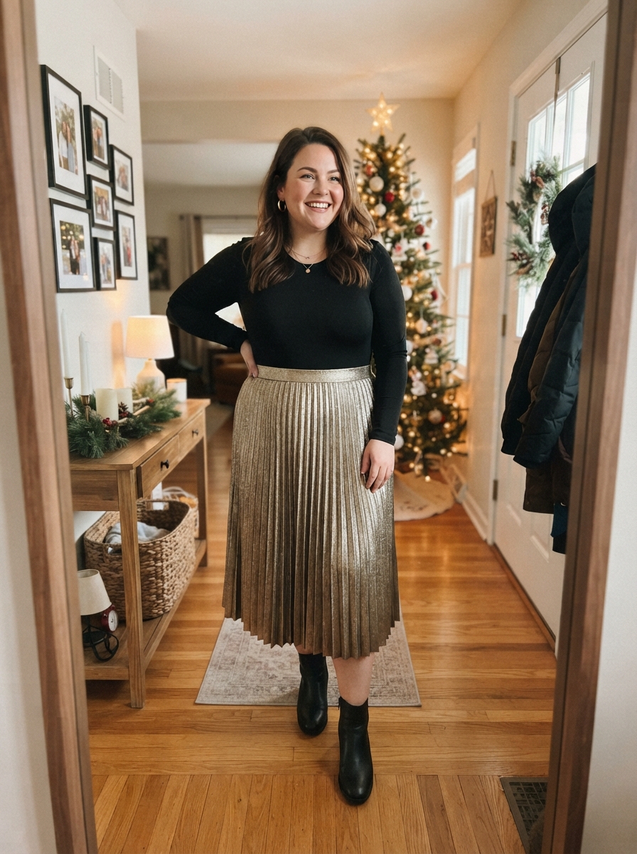 Gold Pleated Skirt with Black Bodysuit plus size holiday party outfit