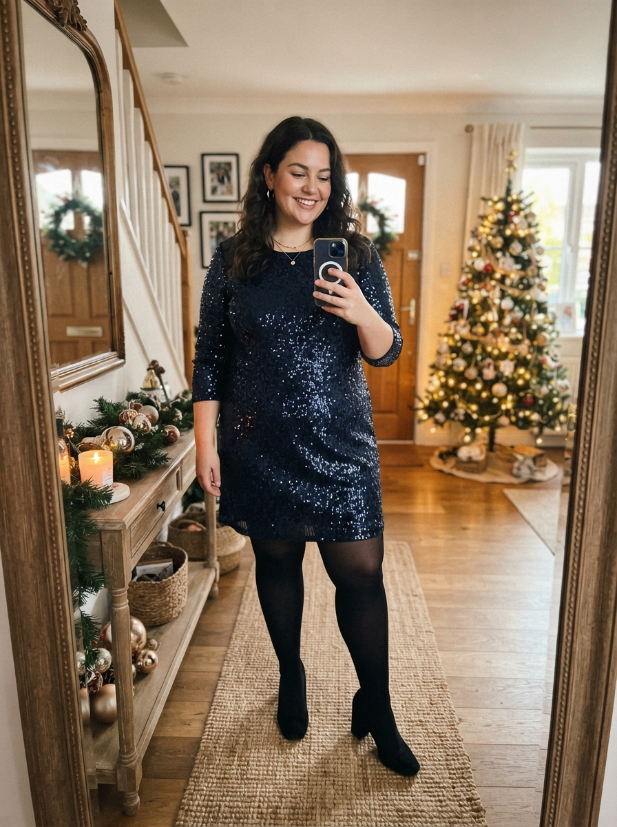 Navy Sequin Shift Dress plus size holiday party outfit