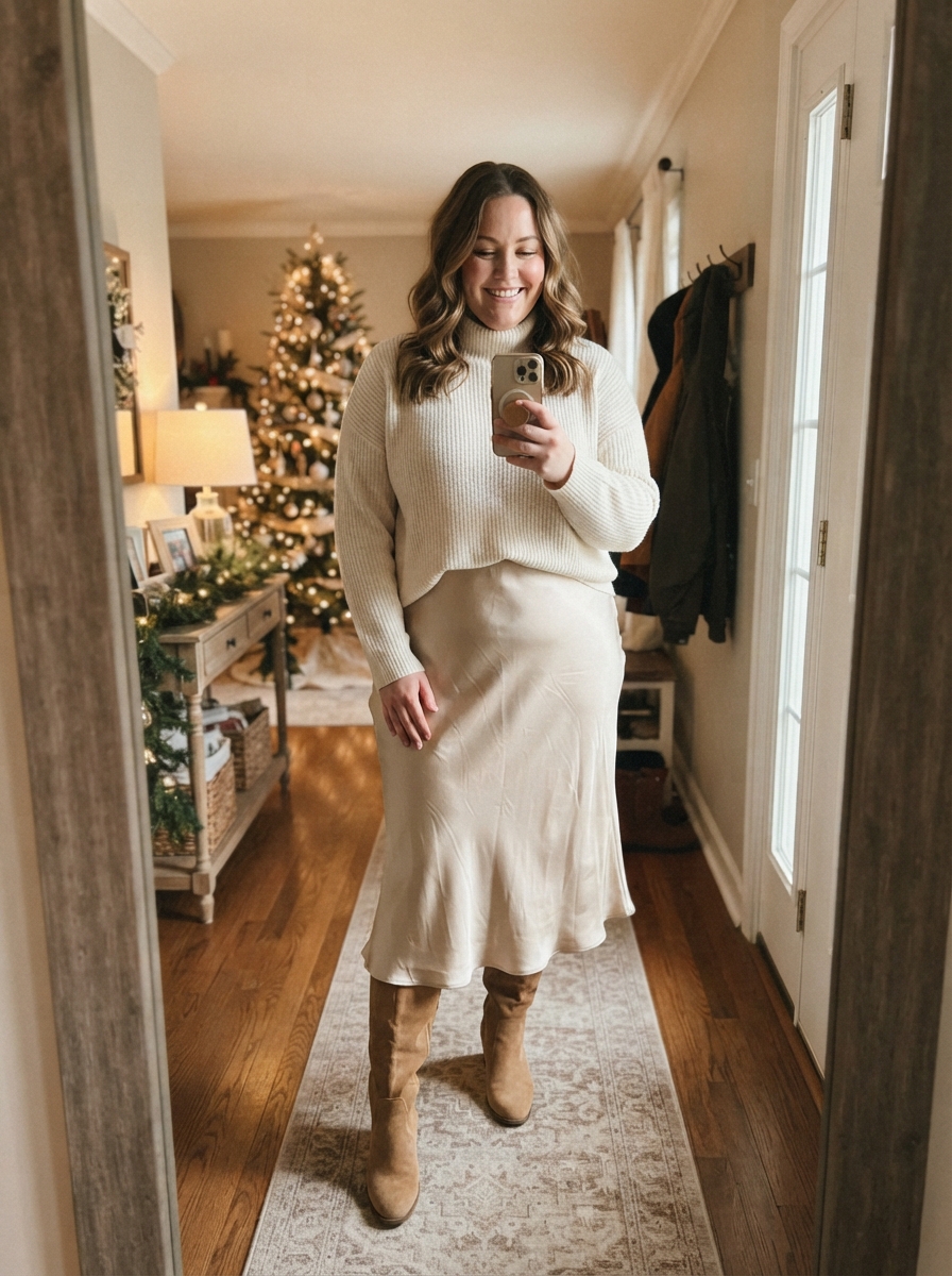Champagne Satin Slip Skirt with Chunky Knit plus size holiday party outfit