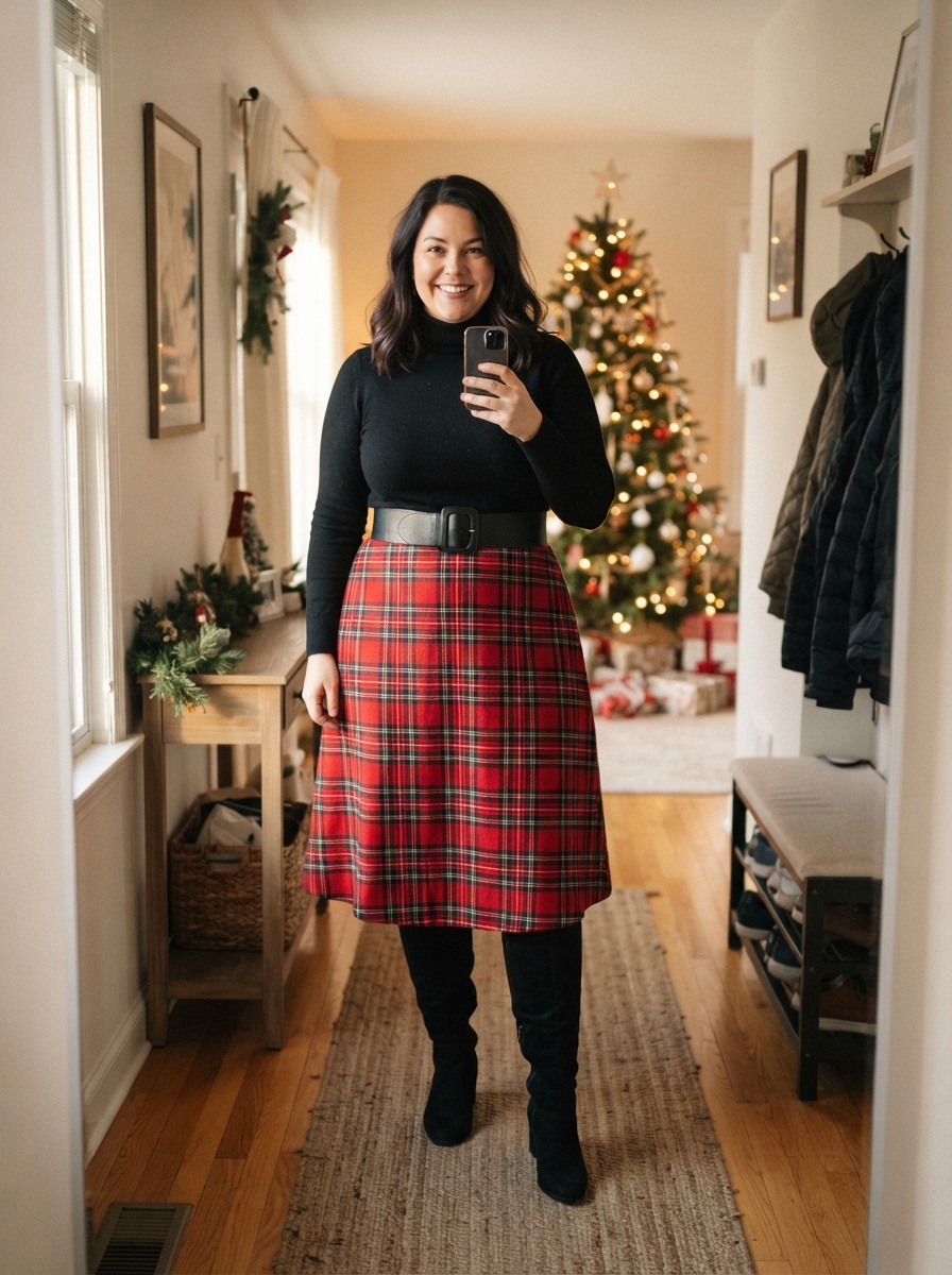 Plaid Midi Skirt with Black Turtleneck plus size holiday party outfit