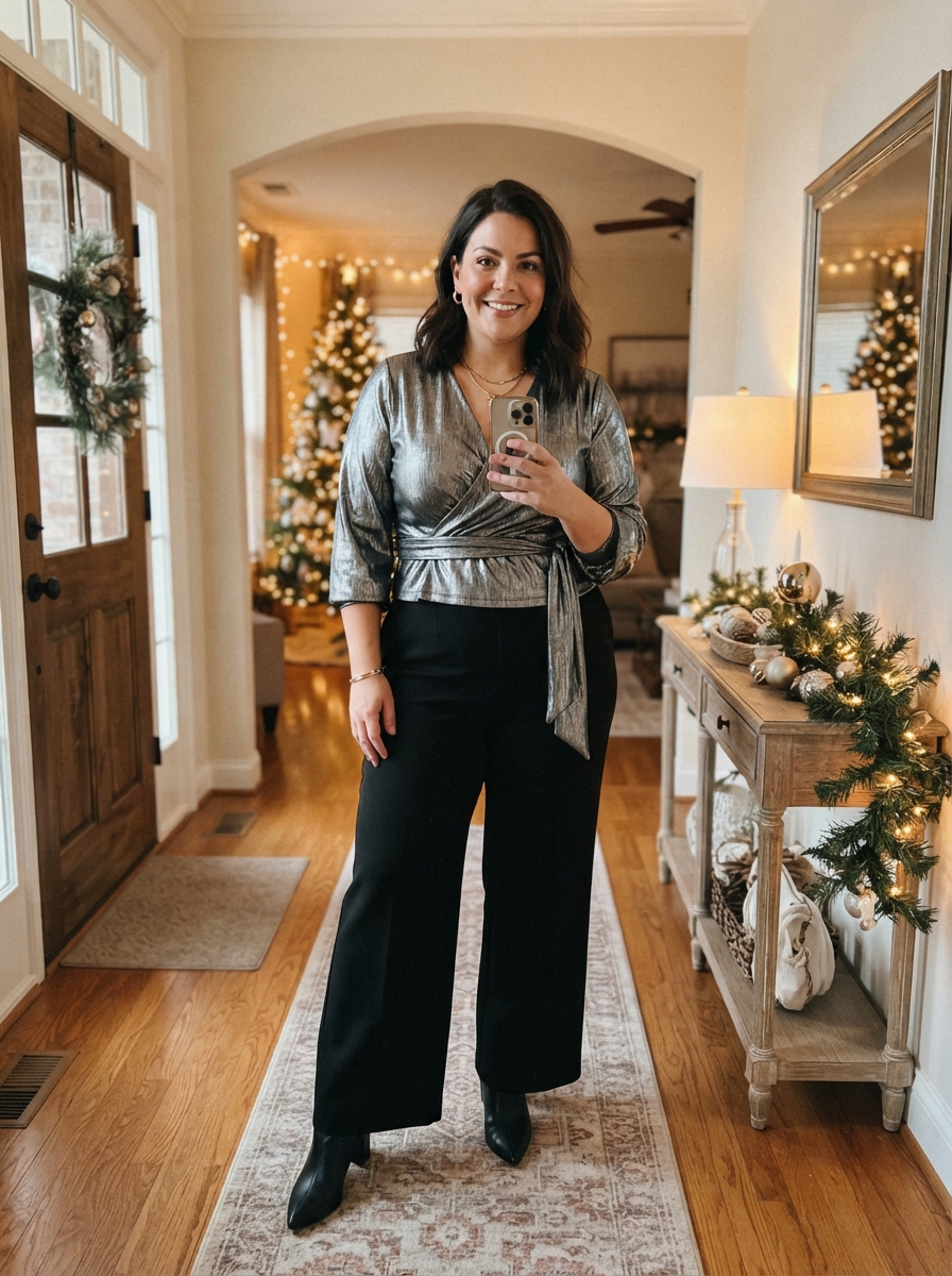 Silver Metallic Wrap Top with Wide-Leg Trousers plus size holiday party outfit