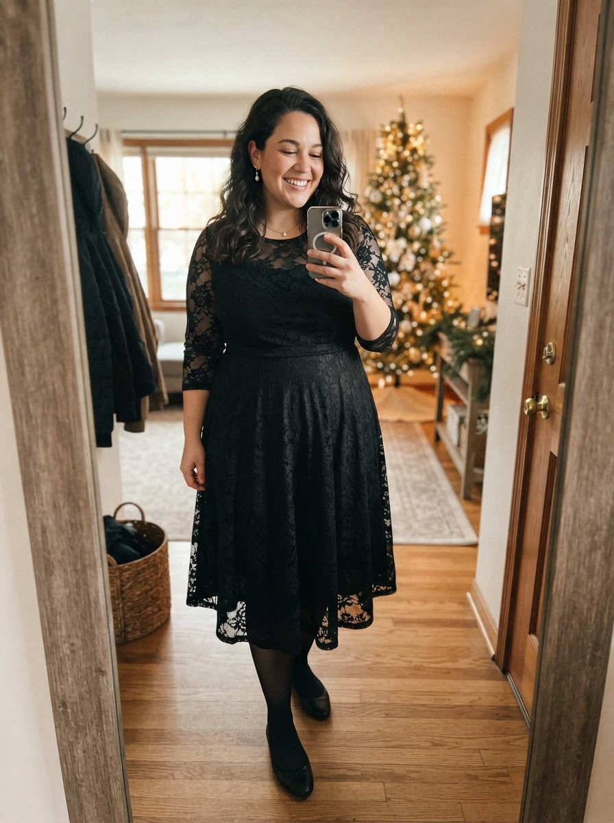 Black Lace Midi Dress with Sleeves plus size holiday party outfit