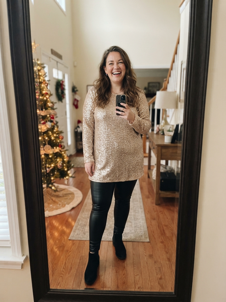 Faux Leather Leggings with Sequin Tunic plus size holiday party outfit