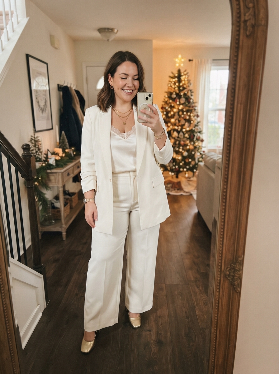 White Winter Suit plus size holiday party outfit