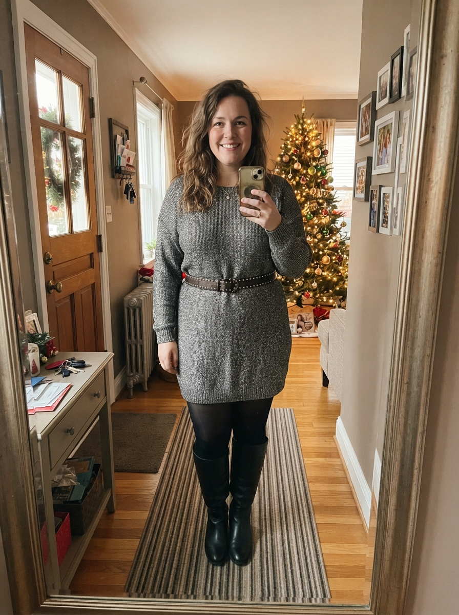 Sparkly Knit Dress with Tights plus size holiday party outfit