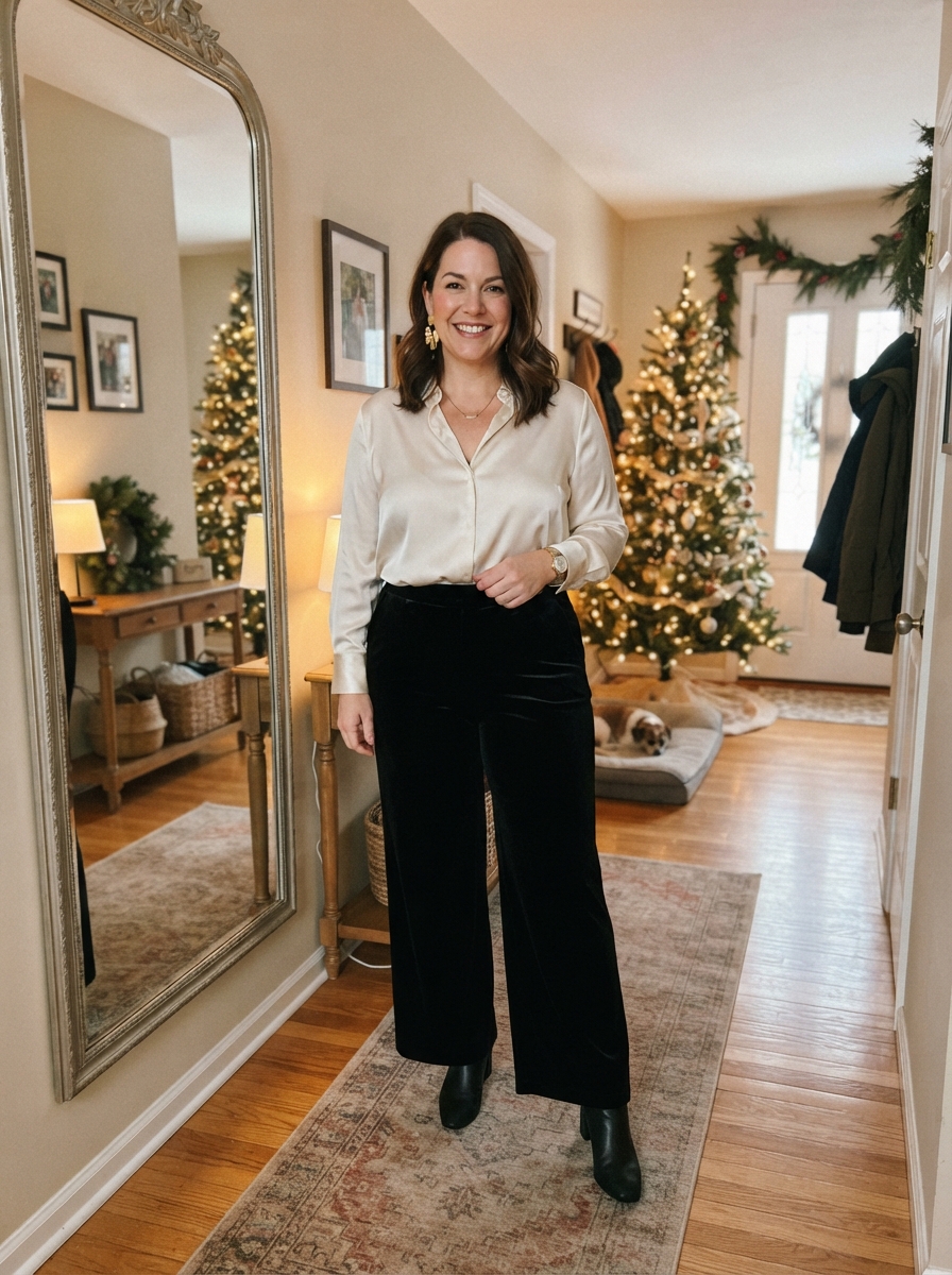 Velvet Wide-Leg Trousers with Satin Blouse plus size holiday party outfit