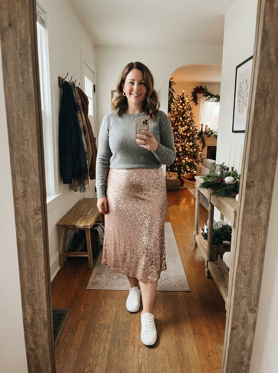 Rose Gold Sequin Midi Skirt with Grey Jumper plus size holiday party outfit