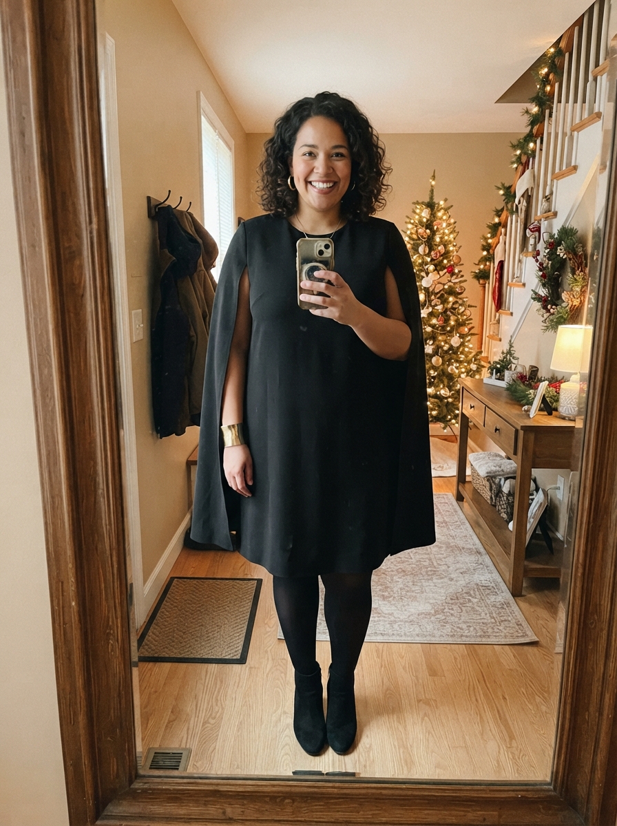 Black Cape Dress plus size holiday party outfit
