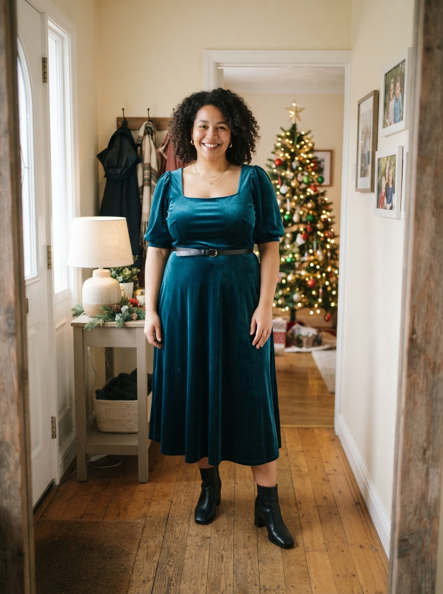 Teal Velvet Midi with Puff Sleeves plus size holiday party outfit