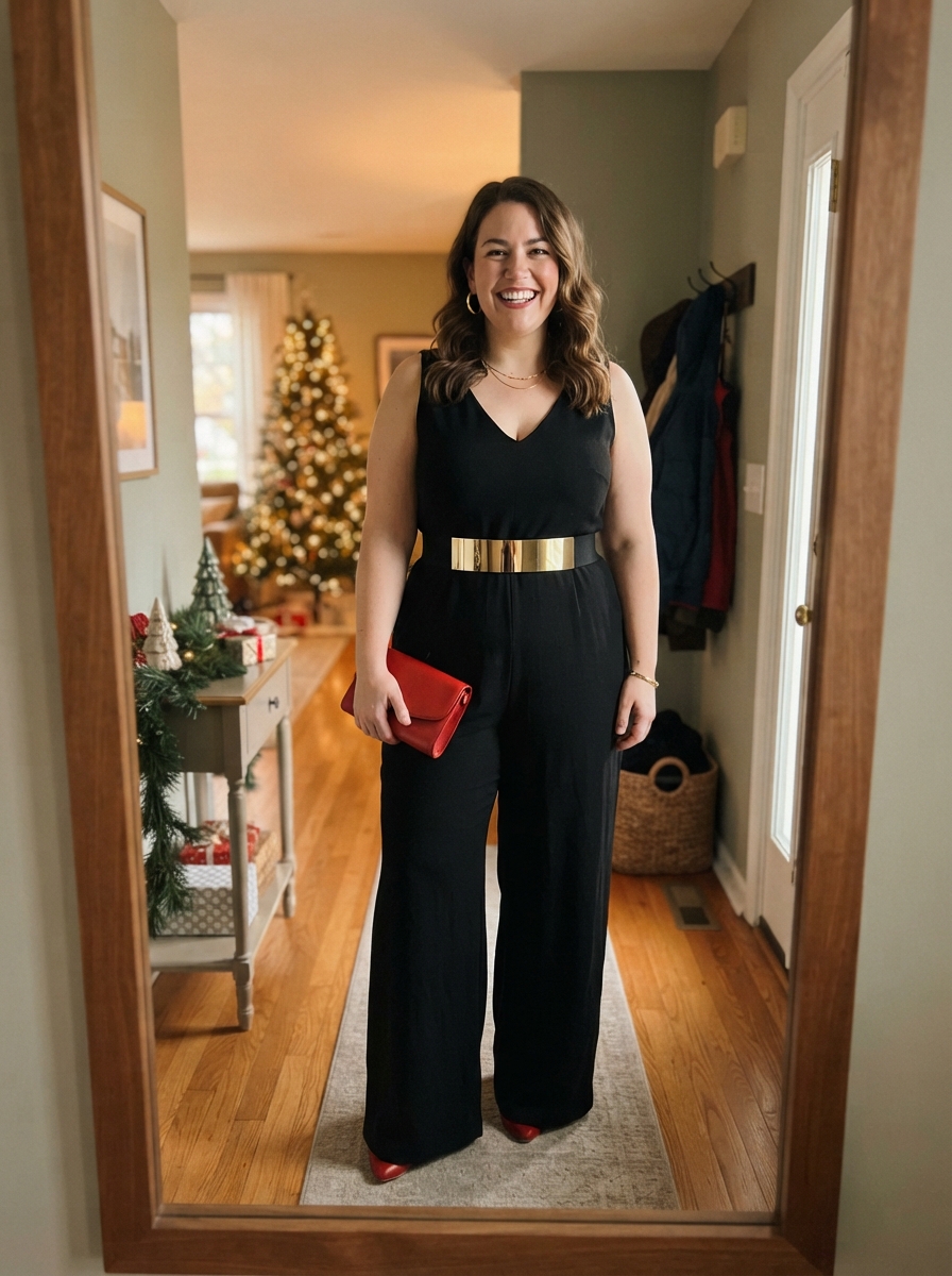 Black Jumpsuit with Statement Belt plus size holiday party outfit