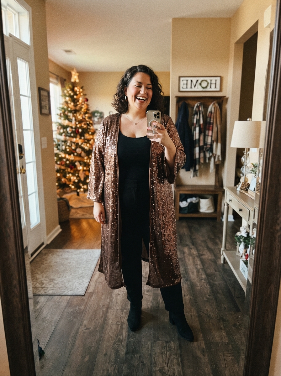 Sequin Kimono over an All-Black Base plus size holiday party outfit
