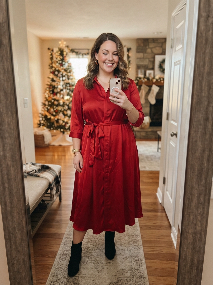 Red Satin Shirt Dress plus size holiday party outfit