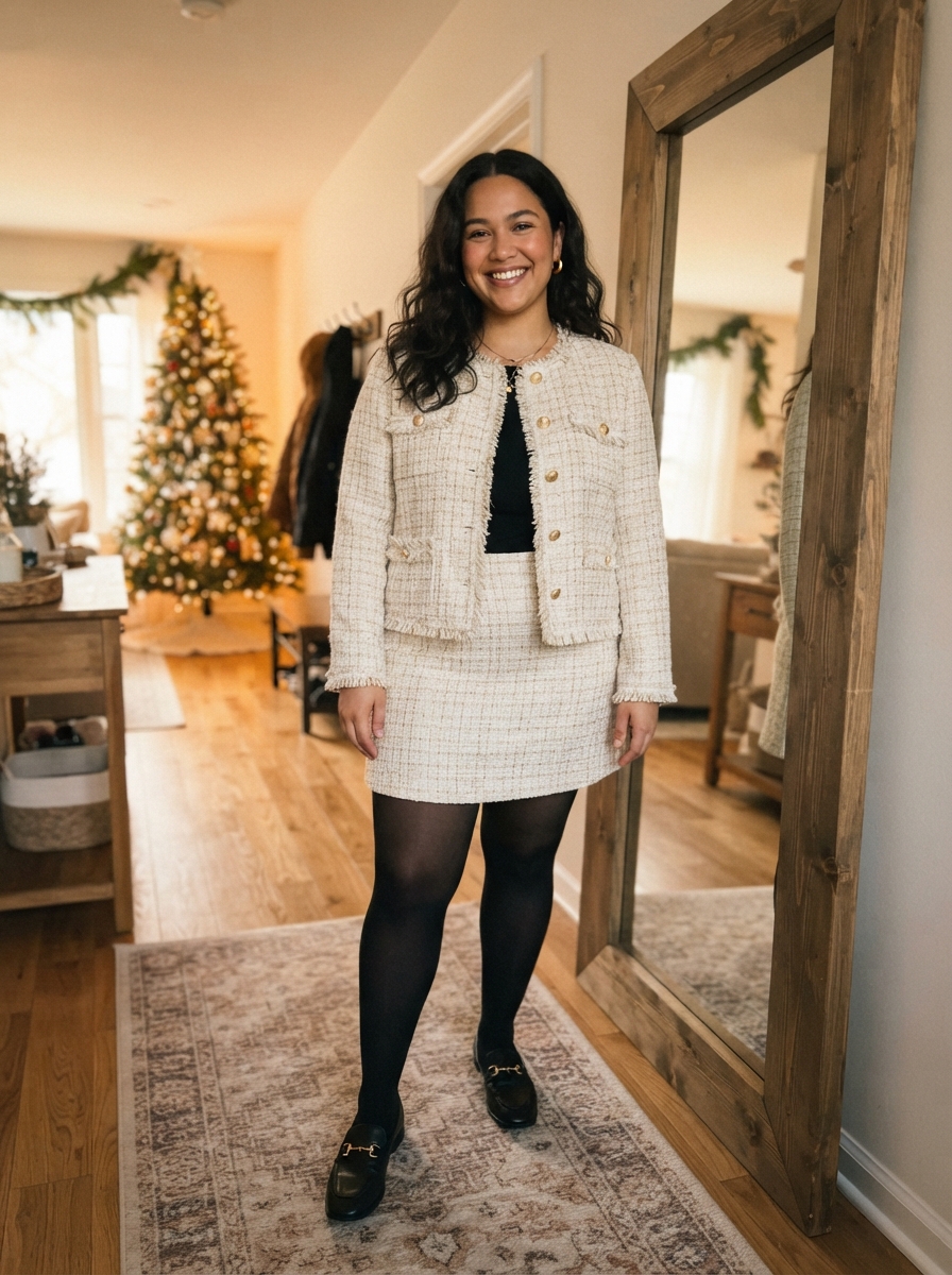 Tweed Mini Skirt Set with Tights plus size holiday party outfit