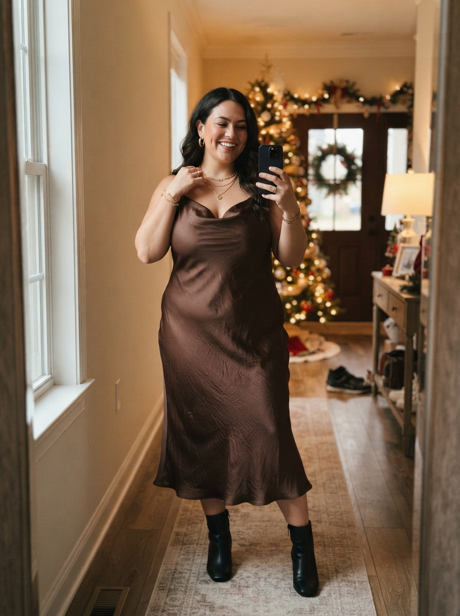 Chocolate Brown Satin Dress plus size holiday party outfit