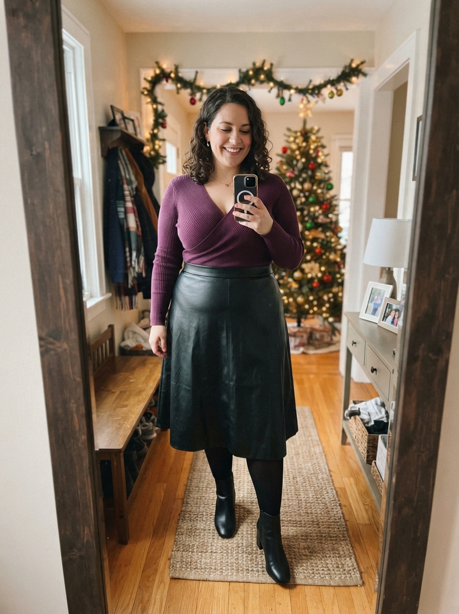 Plum Wrap Top with Faux Leather Skirt plus size holiday party outfit