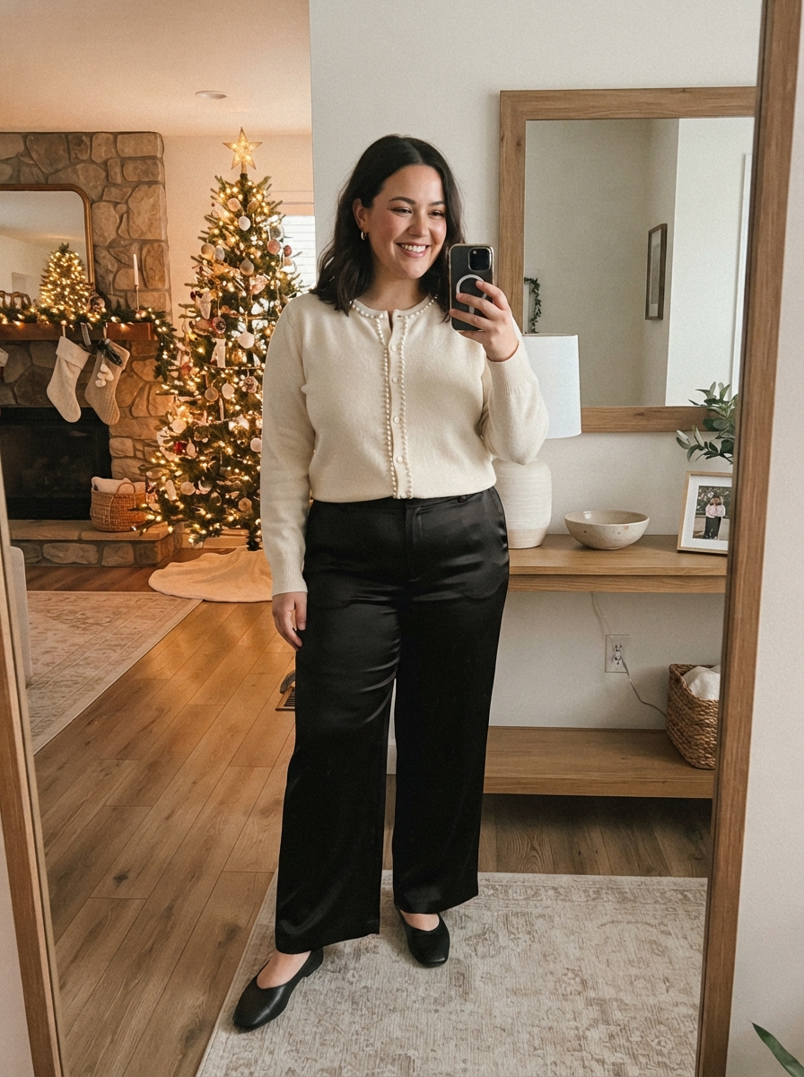 Beaded Cardigan with Satin Trousers plus size holiday party outfit