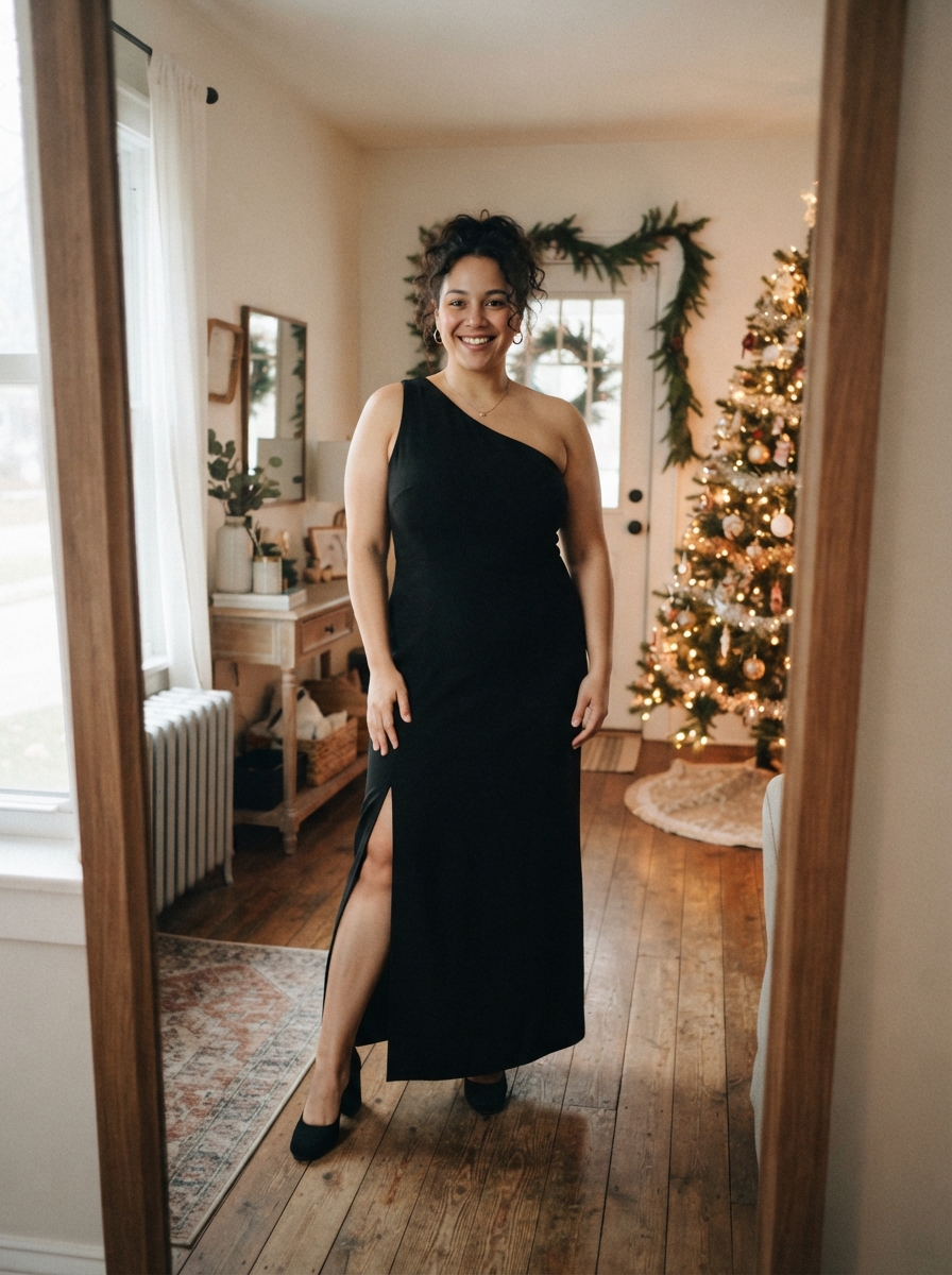 One-Shoulder Black Maxi Dress plus size holiday party outfit