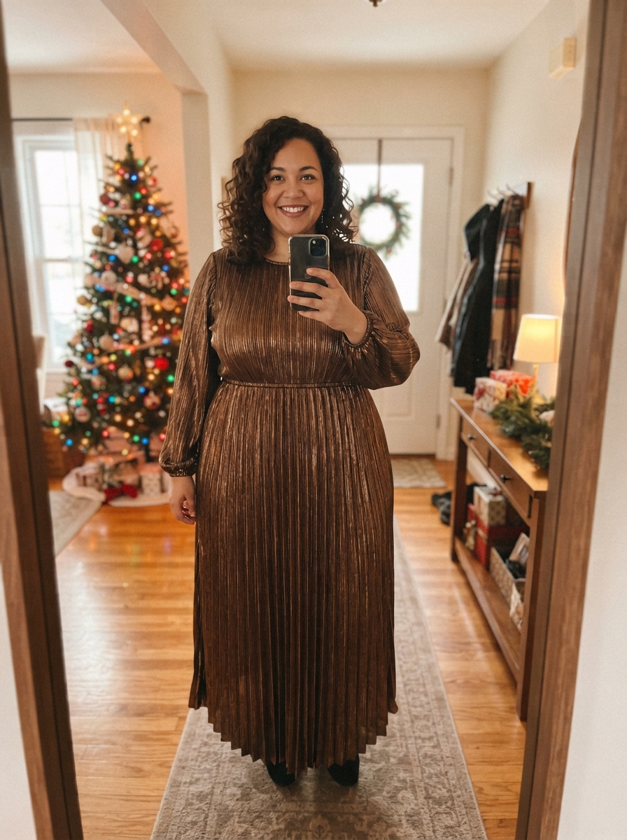 Metallic Pleated Maxi Dress plus size holiday party outfit