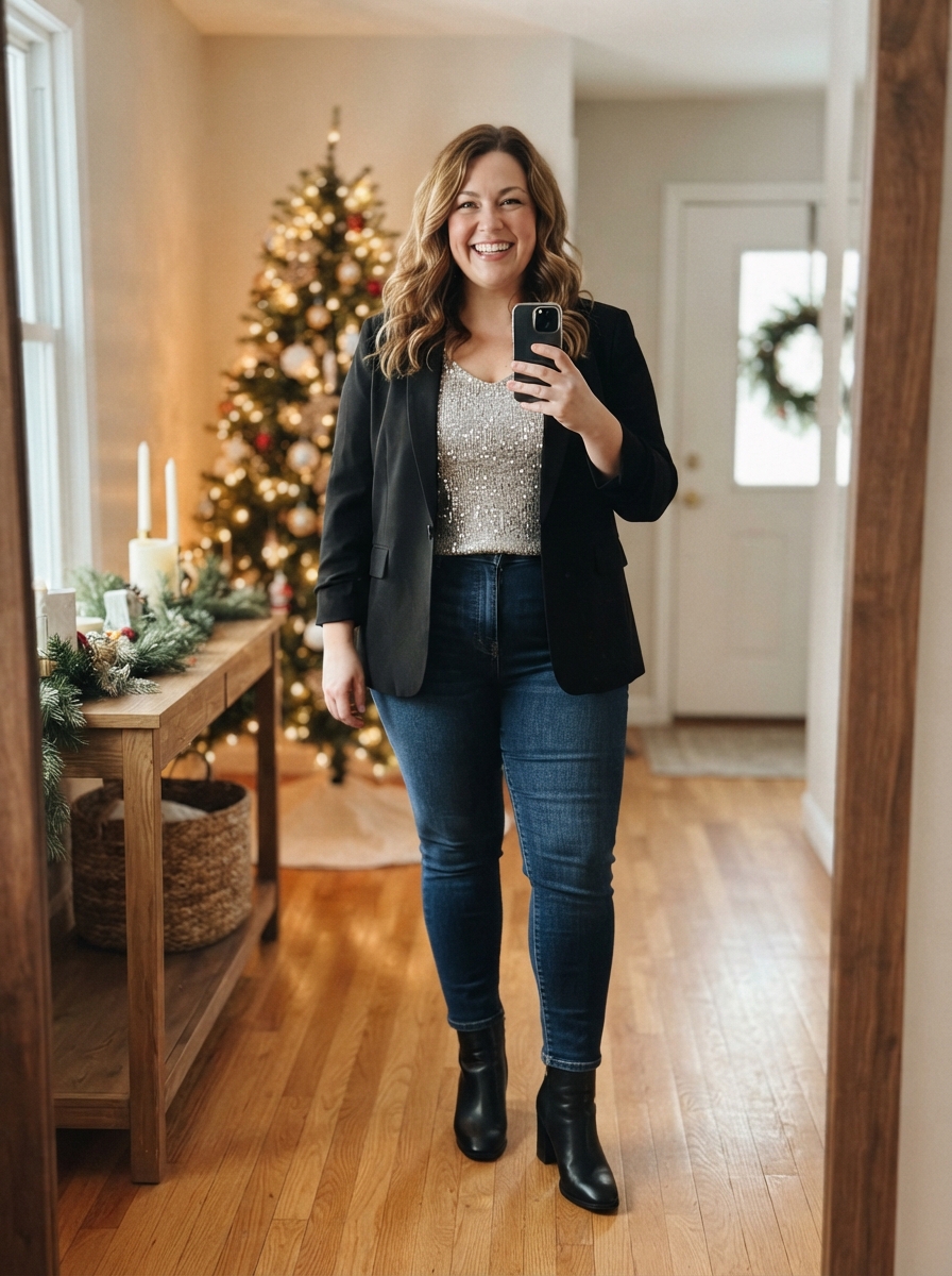 Dark Denim with a Sequin Top plus size holiday party outfit
