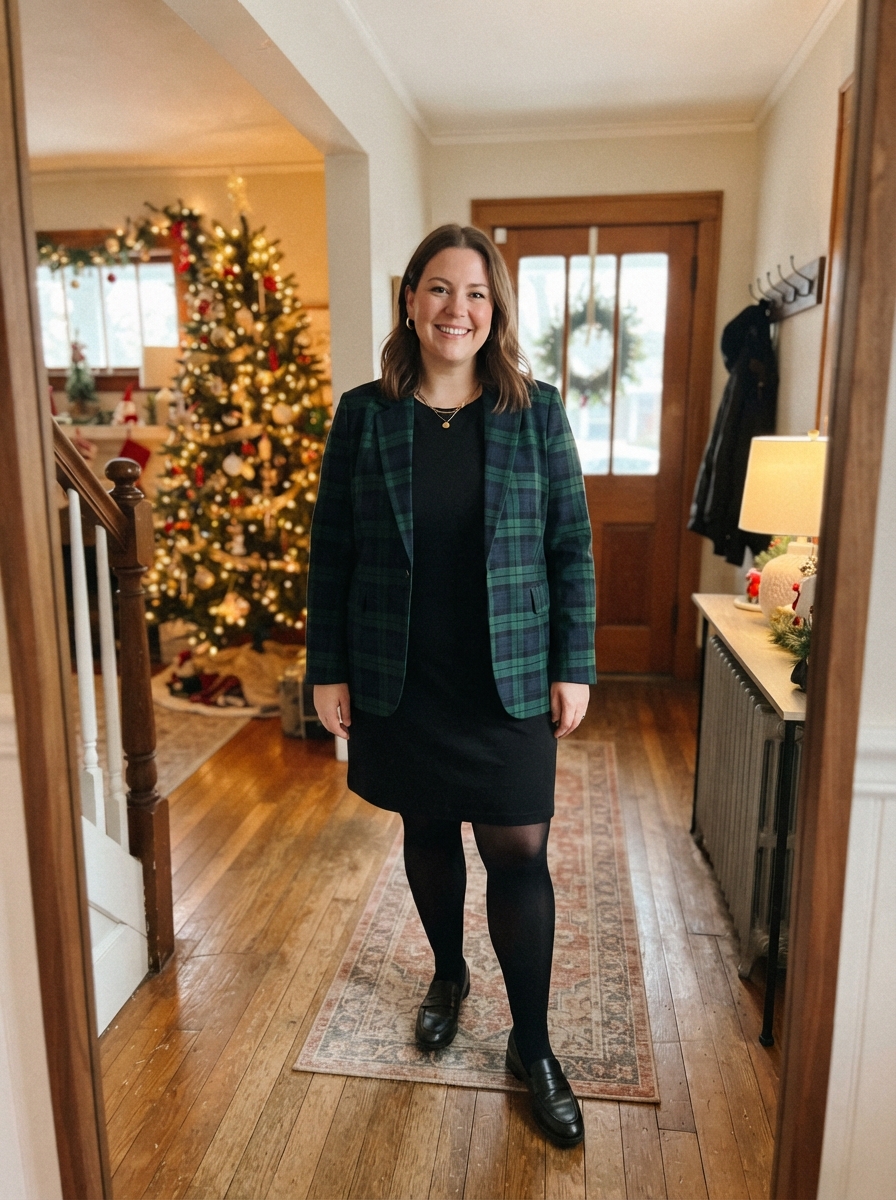 Green Plaid Blazer with Black Dress plus size holiday party outfit