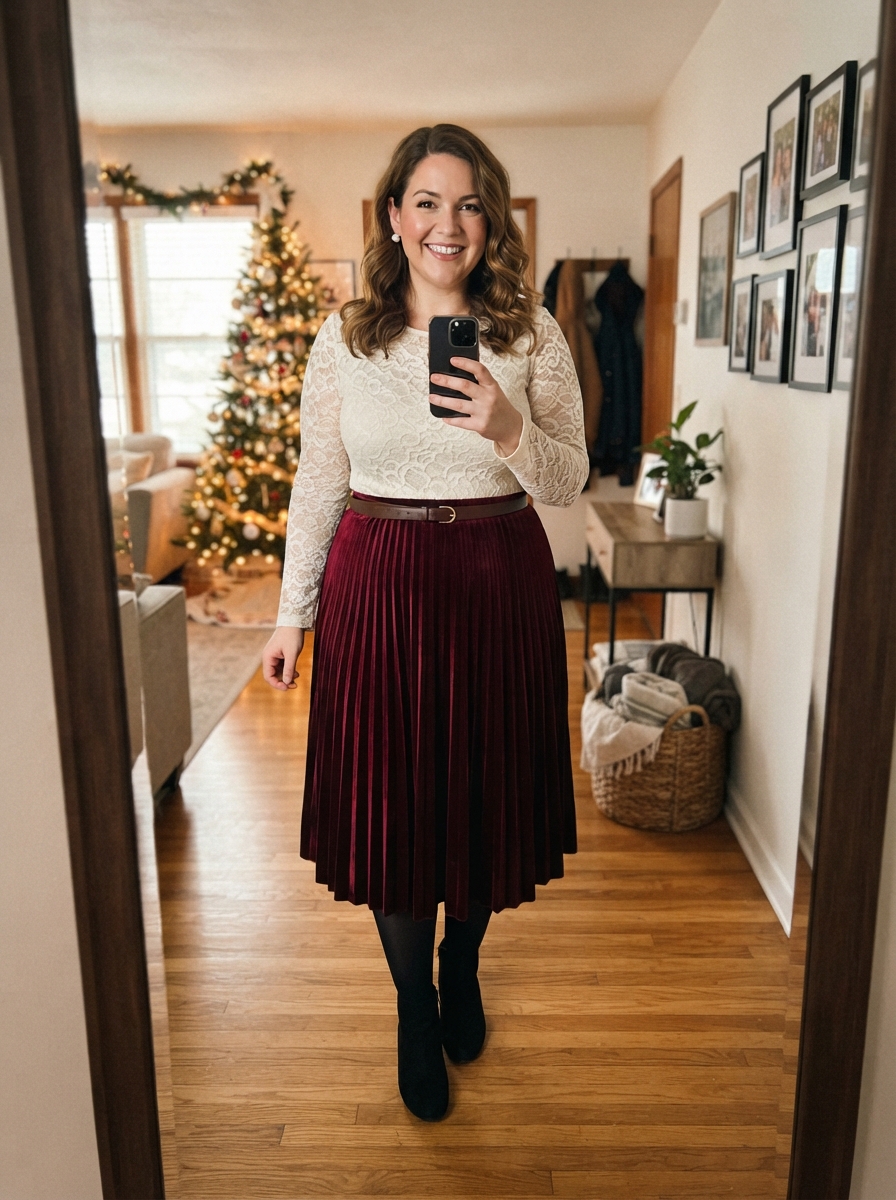 Ivory Lace Top with Velvet Skirt plus size holiday party outfit