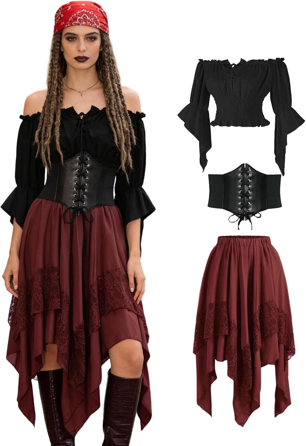 Women's 3-Piece Renaissance Outfit (Peasant Top, Corset Belt & Skirt)