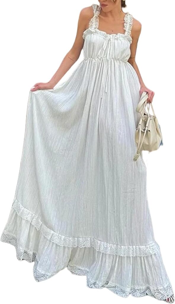 NUFIWI White Lace-Trim Tiered Maxi Dress