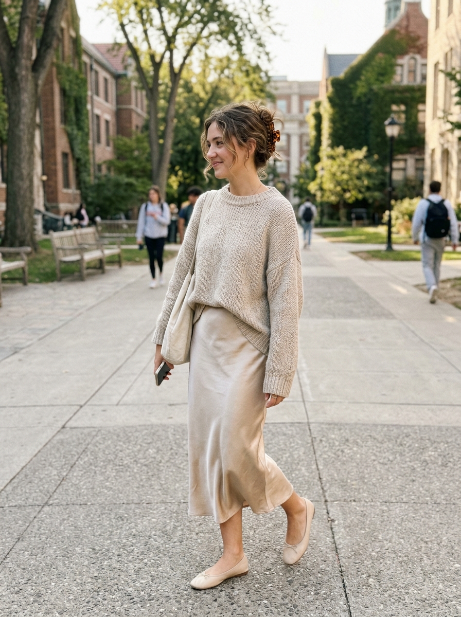 Satin Midi Skirt + Oversized Sweater