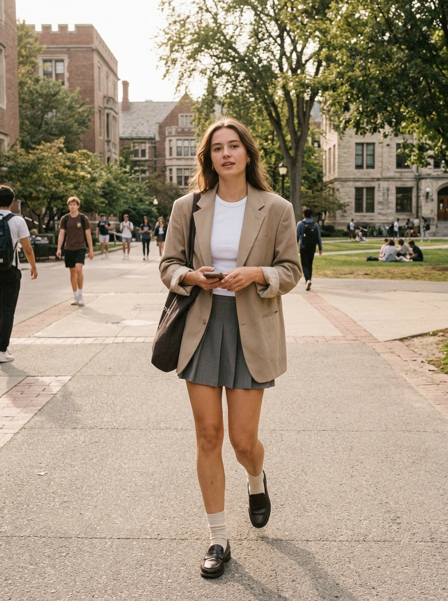 Blazer + Pleated Mini + Fitted Tee