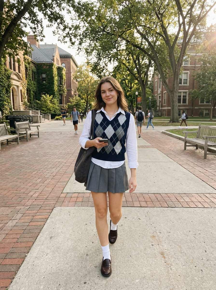 Button-Up Shirt + Sweater Vest + Mini Skirt