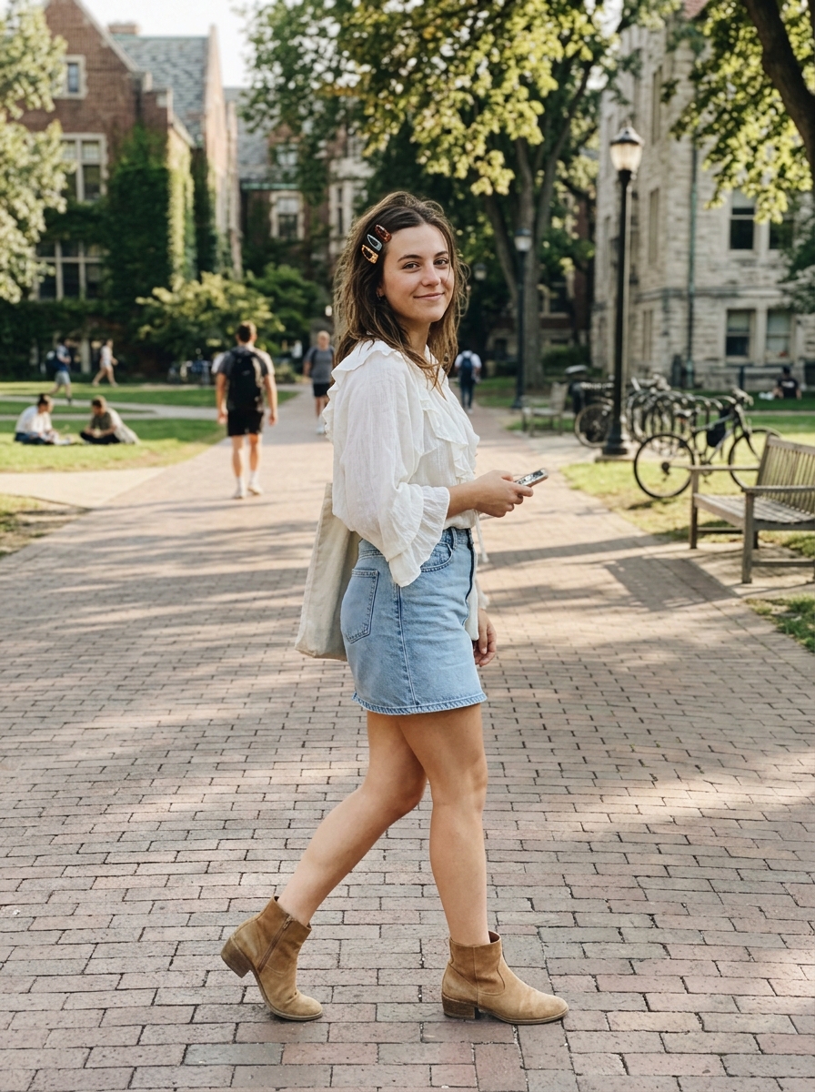 Denim Skirt + Ruffle Blouse
