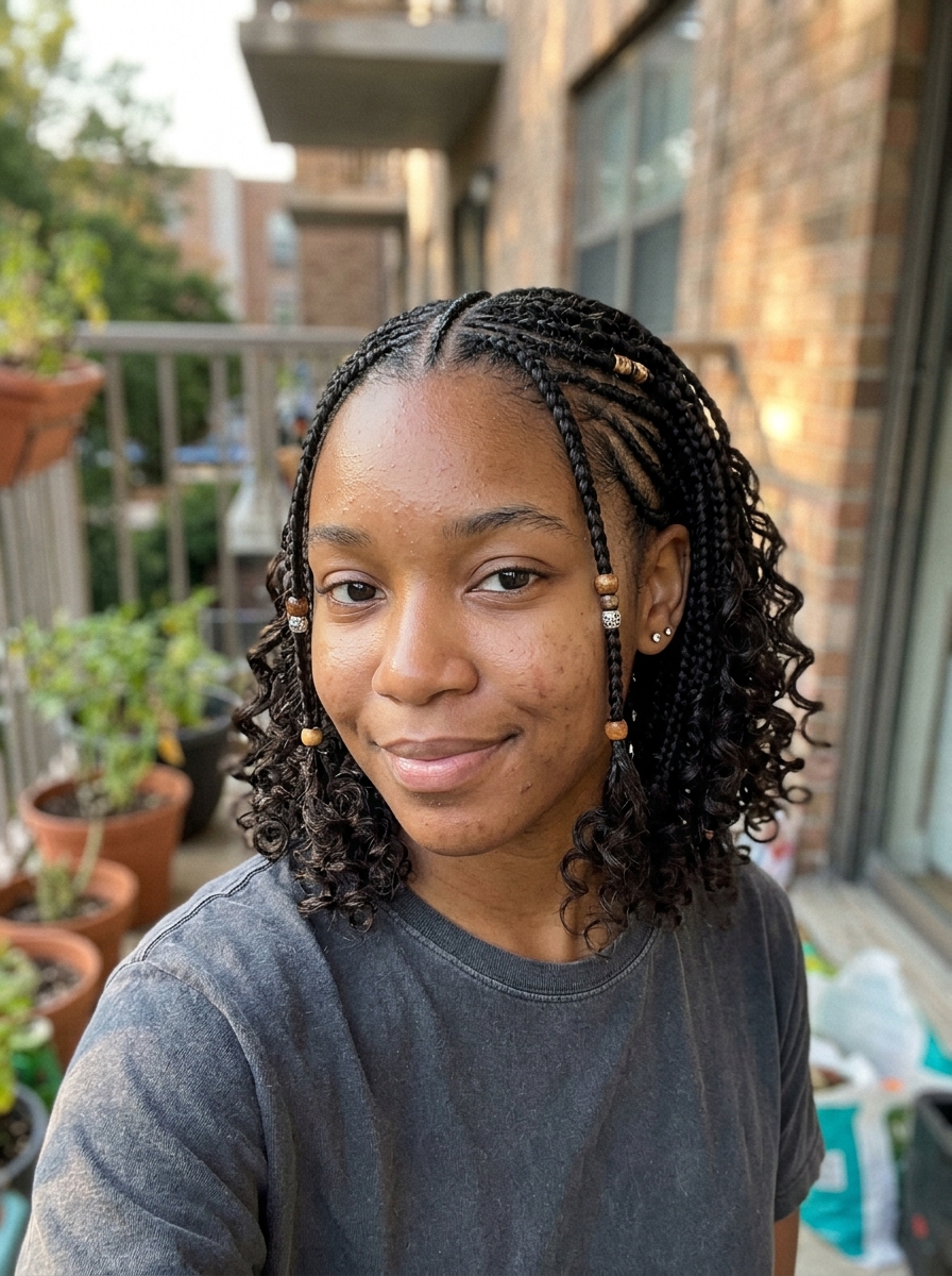 Classic Centre-Part Fulani Braids with Loose Curls