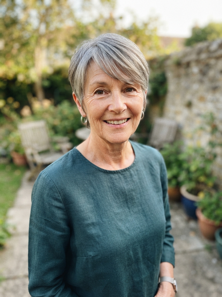 Pixie with long side-swept bangs for thin hair over 50