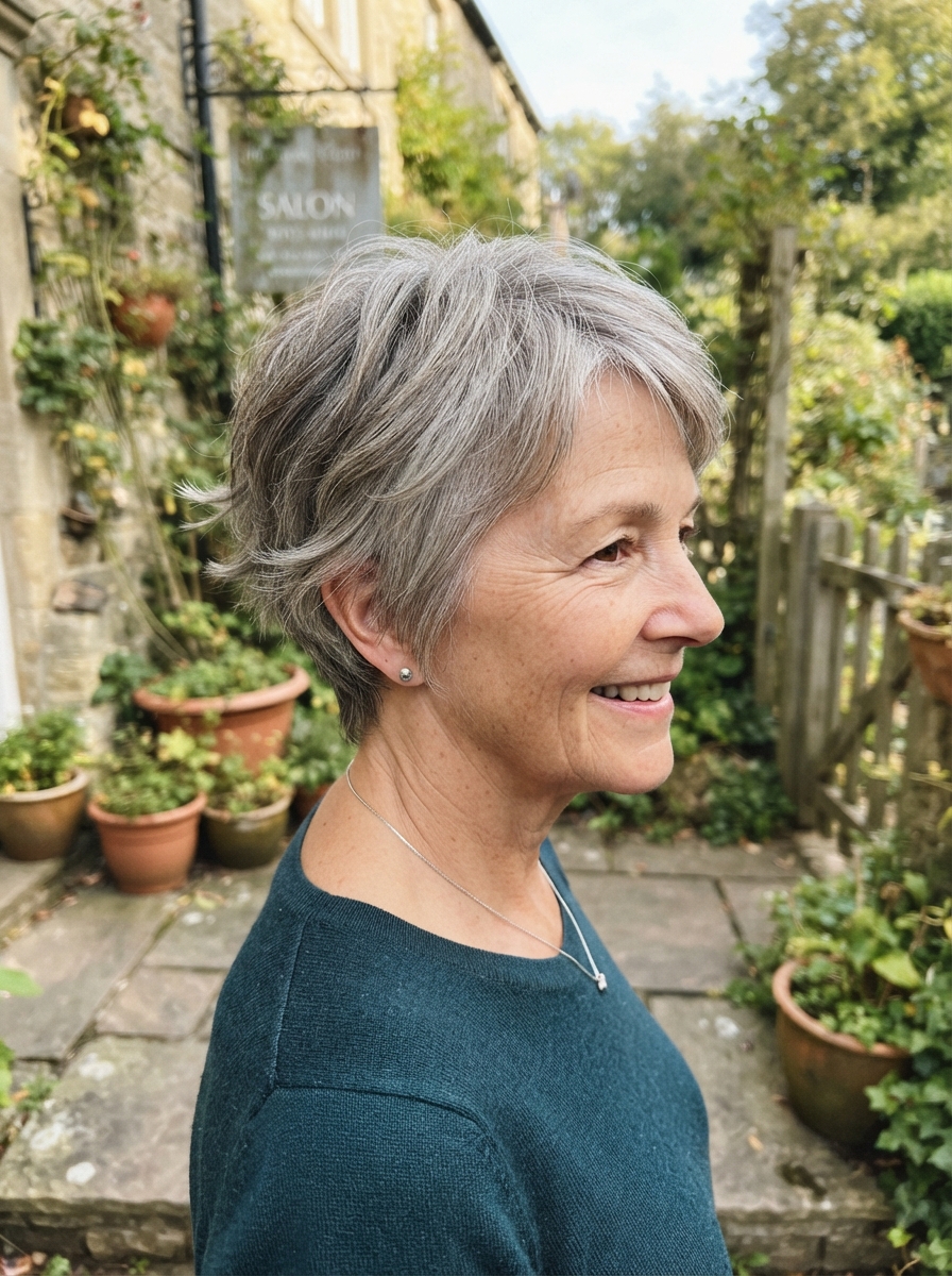 Soft feathered pixie for thin hair over 50