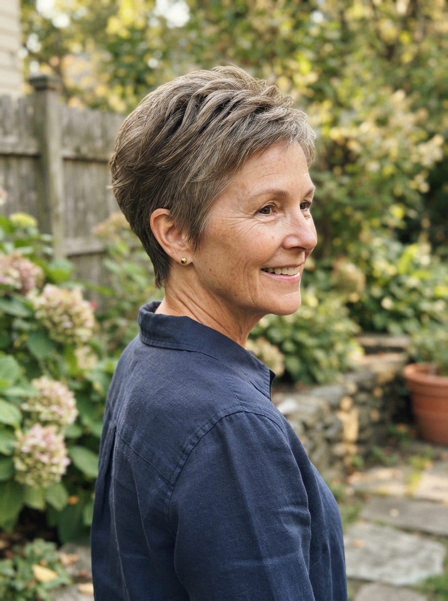Layered pixie with crown volume for thin hair over 50
