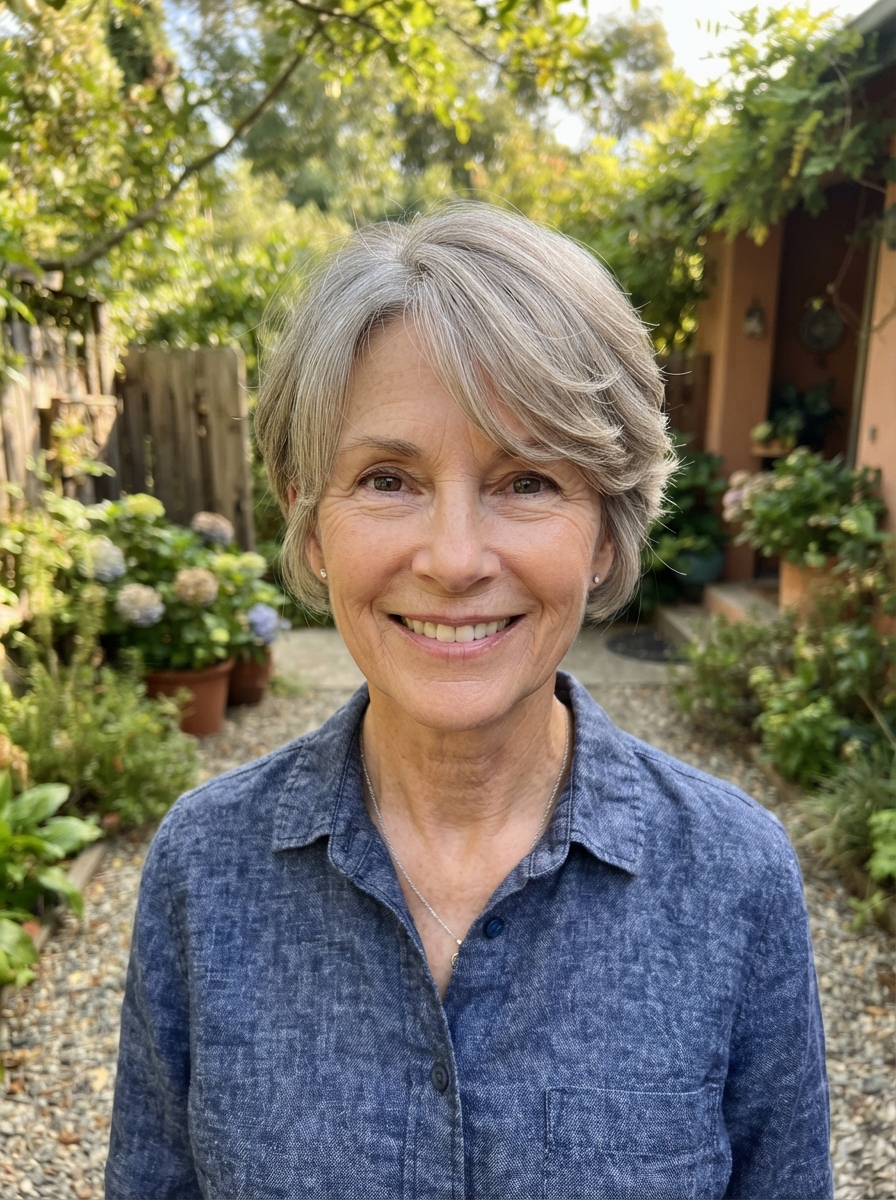 Short cut with curtain bangs for thin hair over 50
