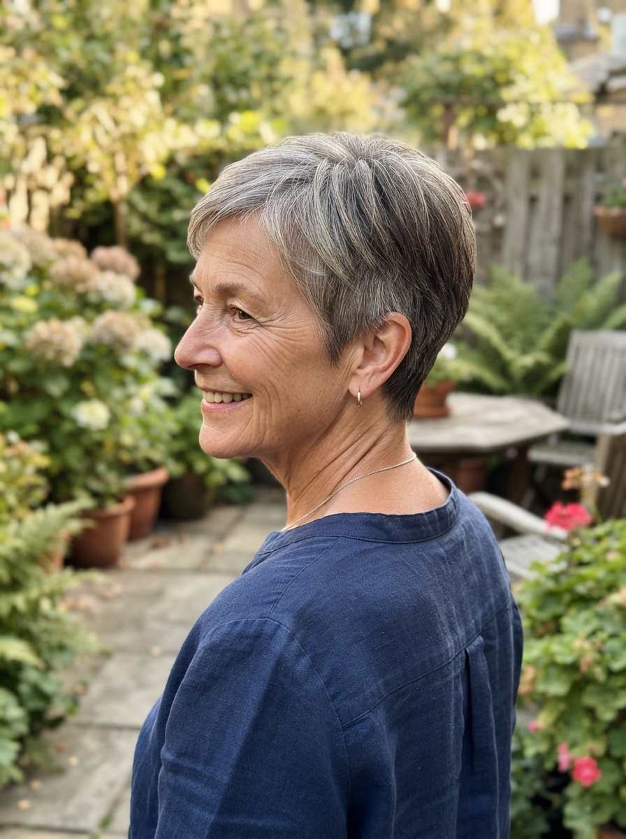 Pixie with a tapered nape for thin hair over 50