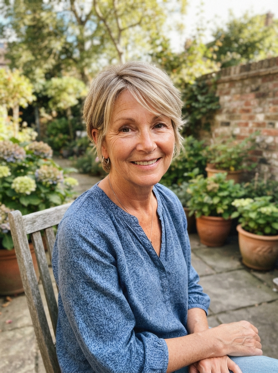 Short cut with soft highlights for thin hair over 50