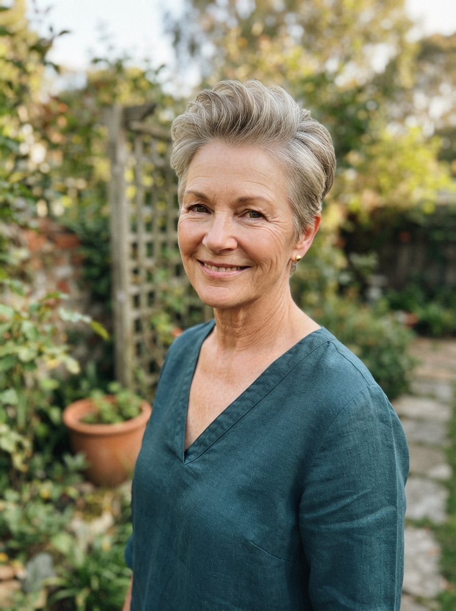 Brushed-back short cut for thin hair over 50