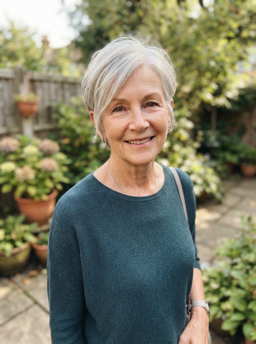 Short cut with a deep side part for thin hair over 50