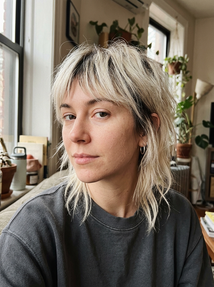 Platinum Choppy Shag With Dark Roots