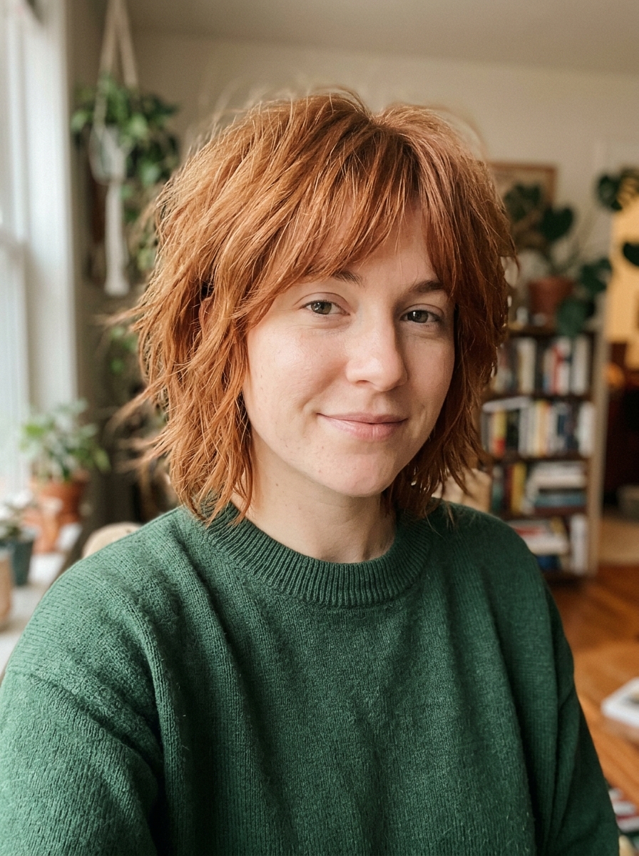 Copper Short Shag With Side-Swept Bangs