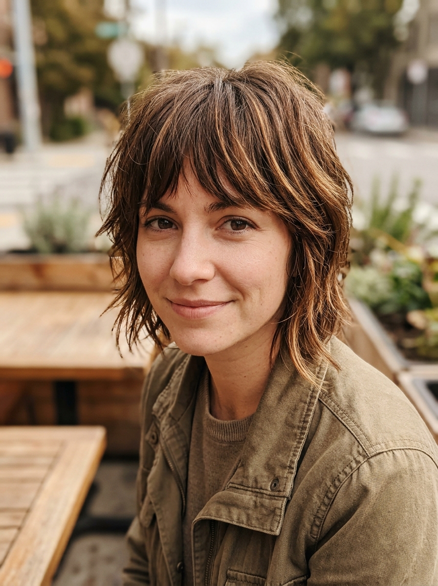 Chestnut Short Shag With Caramel Highlights