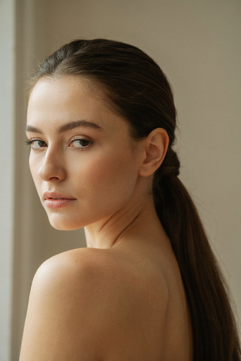 Sleek low ponytail with volume on fine, thin hair