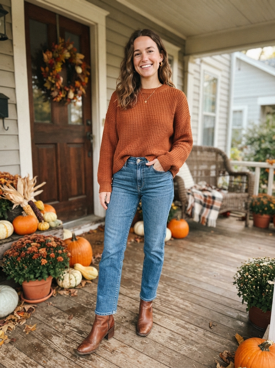 Rust Sweater with Straight-Leg Jeans Thanksgiving outfit for women