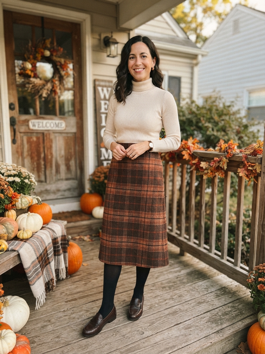Plaid Skirt with Cream Turtleneck Thanksgiving outfit for women