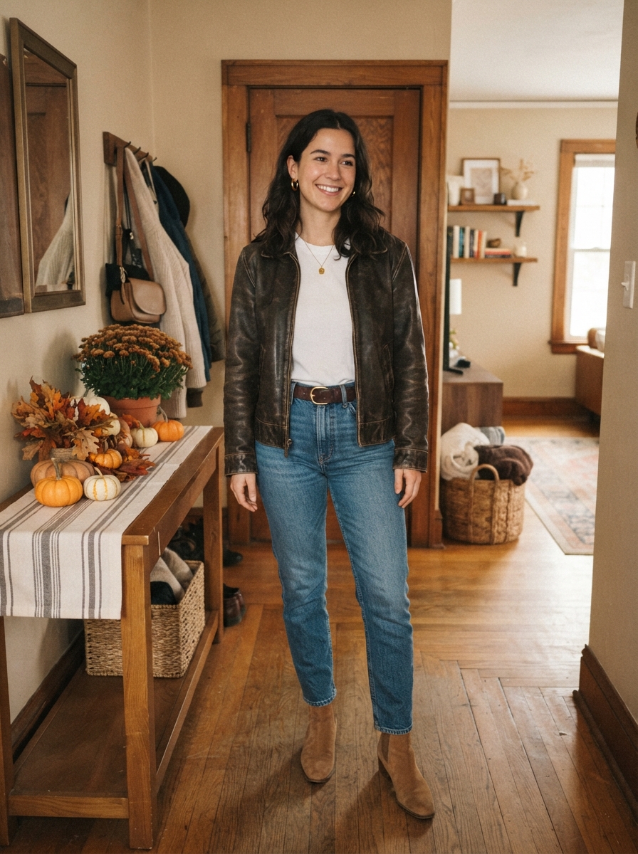 Brown Leather Jacket with White Tee and Jeans Thanksgiving outfit for women